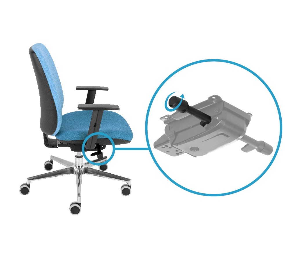 Adjusting the intensity with the handwheel – adjustable backrest and seat tilt resistance (3-step adjustment)