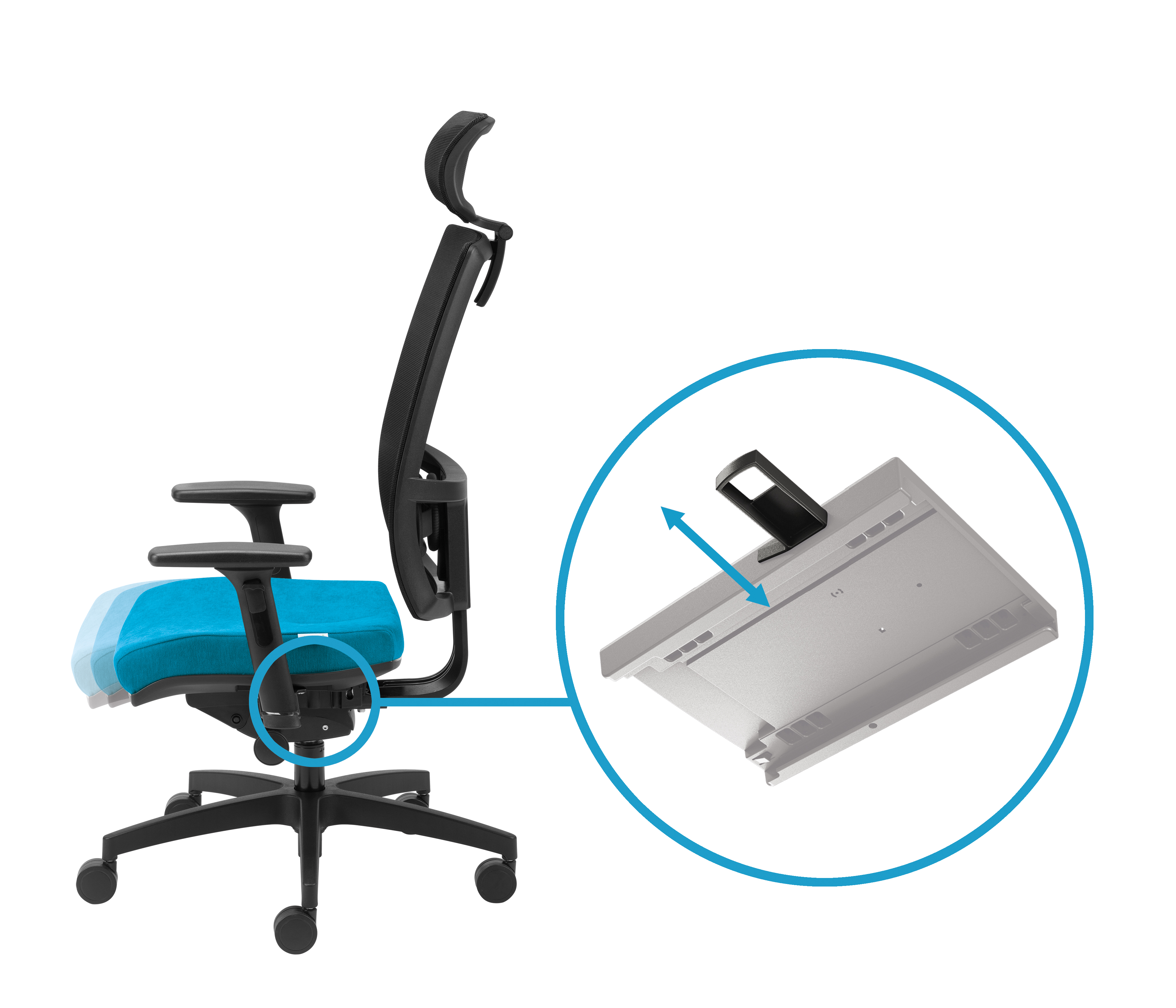 Seat slider adjusts the seat depth with a lock in 5 positions by the lever