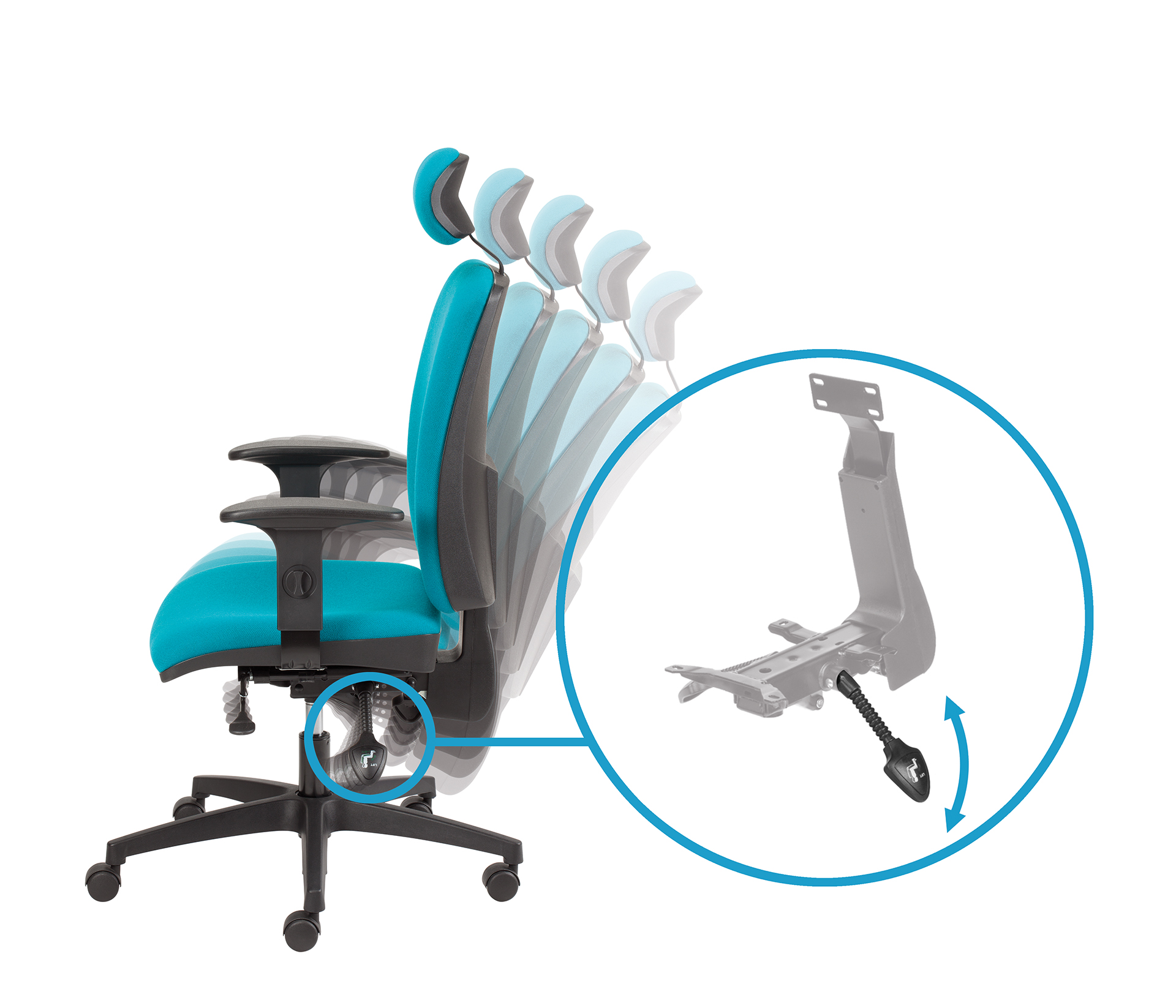 Adjustment of the tilt angle of the seat by means of the left lever – the possibility of locking in many positions